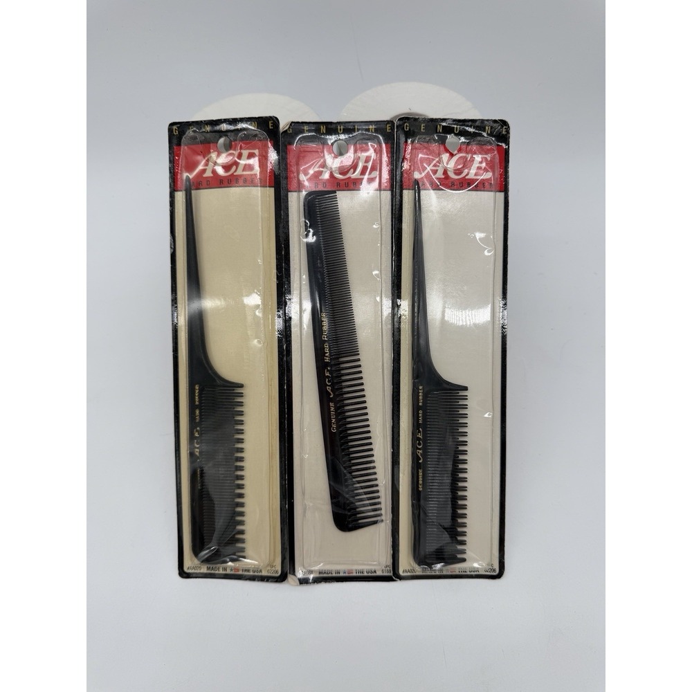 Vintage ACE Hard Rubber Combs Lot of 3 NOS Barber Tail & Cutting Combs Made USA